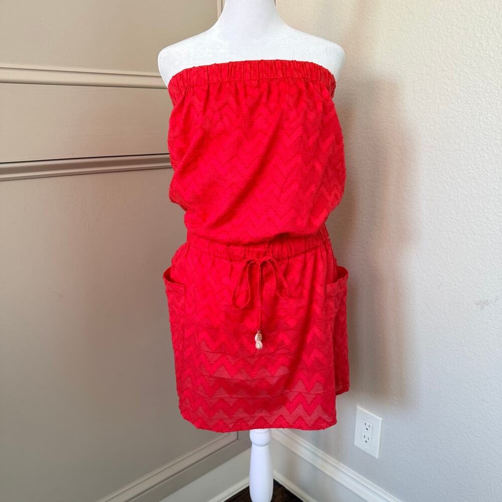 Vineyard Vines Red Strapless Chevron Dress Shell Tassel Drawstring Waist M